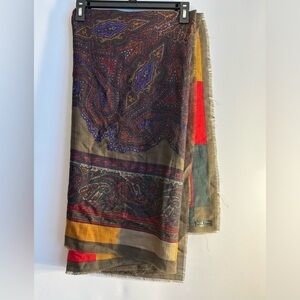 PURA LANA 100% WOOL MADE IN ITALY OVERSIZED ABSTRACT RAW FRINGE WRAP SCARF O/S